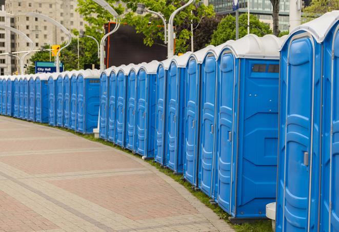 a line of portable restrooms at a sporting event, providing athletes and spectators with clean and accessible facilities in Eagleville, TN